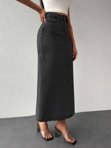 EURMUSE Zipper Fly Denim Skirt - Dark Grey - View 4