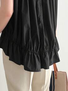 FRIFUL 女士夏季休闲纯色褶皱短袖衬衫，荷叶边 - 黑色 - 查看 9