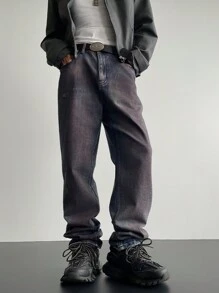 Manfinity Roghcode Jeans rectos holgados en denim oscuro descolorido y desgastado, estilo callejero retro Y2K, para regalo de esposo o novio - Azul lavado oscuro - Ver 3