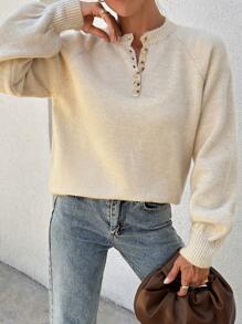 EURMUSE Elegant Melange Yarn Half Button Crew Neck Detailed Sweater - Apricot - View 3