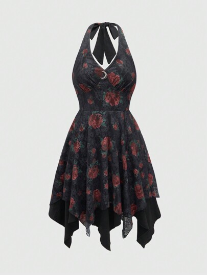 Gothic Style Rose Lace Printed Asymmetrical Hem Halter Neck Women A-Line Dress With Cinching Waist