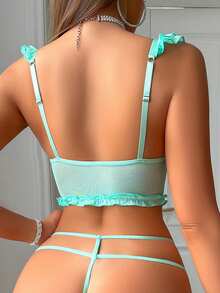 4pcs Sexy Lingerie Set: Bowknot Decor Solid Color Ruffled Hollow Mesh Splice Thigh Highs, Bra And Panty - Green - View 2