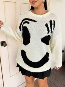Flirla Plus Size Relaxed Fit Colorblock Smiling Face Knit Sweater