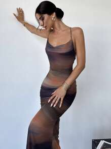 Firerie Vestido cami corto ajustado, de malla transparente, con tirantes, cuello swing, y diseño degradado multicolor, elegante y sexy para vacaciones de verano de mujer