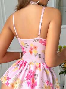 5pcs Lace Mesh Print Tie-Up Neck And Stockings Sexy Ruched Nightgown Set For Going Out - Pink - View 2