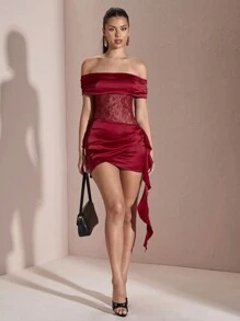 SHEIN BAE 夏季黑色性感露肩透视蕾丝不对称露肩缎带下摆女士连衣裙 - 紅色 - 查看 1