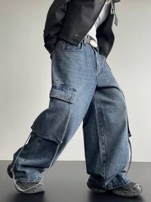 Manfinity Denimwave بنطال جينز واسع عتيق الغسل من اللون الأزرق الرمادي والأزرق البحري متعدد الجيوب للرجال - ازرق ضبابي - مشاهدة 3