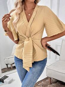 SHEIN LUNE Short Sleeve Solid Tie-Front Elegant Blouse For Summer - Khaki - View 1