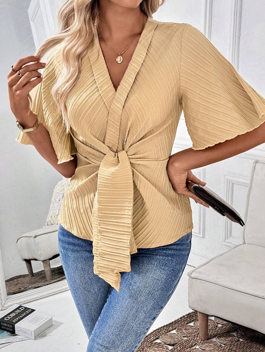 SHEIN LUNE Short Sleeve Solid Tie-Front Elegant Blouse For Summer - Khaki - View 1