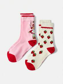 Strawberry Shortcake X SHEIN 2 Pairs Women Cartoon Character & Strawberry Pattern Mid-Calf Socks, Day