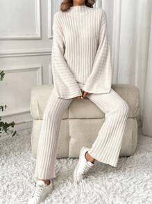 SHEIN LUNE 2 piezas Conjunto de suéter informal con cuello alto a rayas para mujer