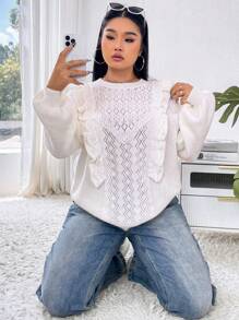 Calvaya Plus Size Plain Crew Neck Ruffle Hem Casual Long Sleeve Sweater Knit Pullover Fall Winter - White - View 3