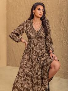 Rusttydustty Cyber Monday Christmas Halloween New Year's Wear Party Bohemian Women Multi Color Floral V-Neck Lace Dress New Year Wedding Season Coachella Music Festival Holiday