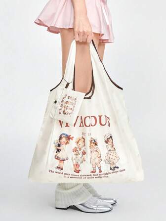 Kawaii 2 pezzi Borsa della spesa pieghevole Tote con stampa cartone animato Ragazza Americana con grande capacità e portamonete, 442464