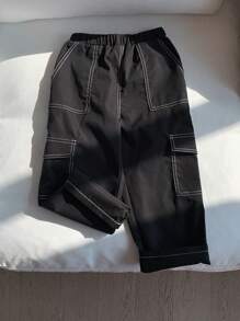 SHEIN 1入組年輕男孩休閒寬鬆直筒編織褲，採用純色簡潔款式，街頭風格