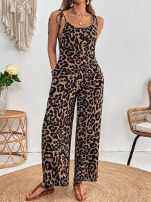 SHEIN VCAY 女性夏季豹紋寬腿連身褲，綁帶設計適用於度假 - 彩色 - 查看 4