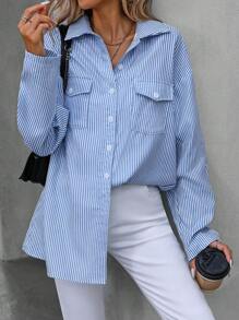 Zolique 女士条纹花卉印花宽松长袖衬衫夹克 - 藍色 - 查看 4