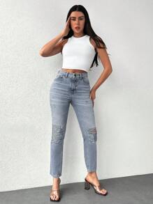 EURMUSE High Waist Ripped Mom Fit Jeans - Rửa trung bình - Xem 5