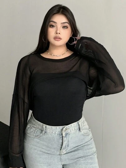 Plus Size Women Black Long Sleeve Batwing Sleeve T-Shirt, Spring & Summer Sheer,Fall Women Clothes Cover Ups For Swimwear