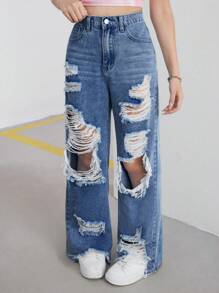 SHEIN Teen Girls Y2K Light-Colored High Waist Straight Wide-Leg Baggy Ripped Denim Jeans Pants With Slanted Pocket,Girls Summer Clothes Outfits