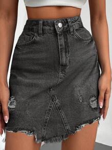 EURMUSE Ripped Raw Hem Denim Skirt - Grey - View 5