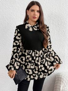 SHEIN LUNE Áo kiểu có cổ 2 trong 1 có cổ in họa tiết da báo xuân hè dành cho nữ Plus Size - Nhiều màu - Xem 4