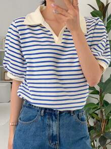 DAZY Damen gestreiftes, locker sitzendes Poloshirt mit Puffärmeln - Blau - Übersicht 6