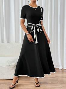 Modelyn 女士圆领短袖纽扣腰蝴蝶结休闲连衣裙 - 黑色 - 查看 5