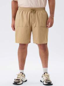 Manfinity VCAY Men's Plus Size Woven Workwear Pockets Studded Mid-Rise Drawstring Shorts Suitable For Summer And Daily Use - Apricot - View 3