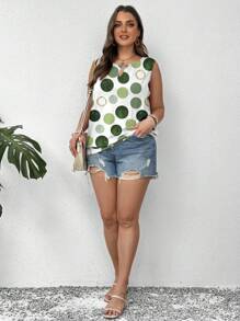 SHEIN LUNE 大码绿色几何圆点印花休闲无袖背心，夏季 - 彩色 - 查看 4