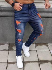 Manfinity EMRG Pantalones vaqueros de mezclilla desgastados con botones delanteros y múltiples bolsillos para hombres de talla grande, para uso casual de todos los días