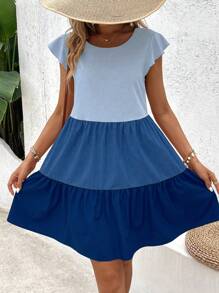 Breezaya Vacation Casual A-Line Cap Sleeve Round Neck Colorblock Patchwork Dress