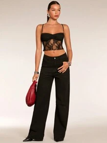 SHEIN BAE White & Black Contrast Ruffle Trim Spaghetti Strap Style Crop Top, Casual Tank Top For Women - Black - View 6