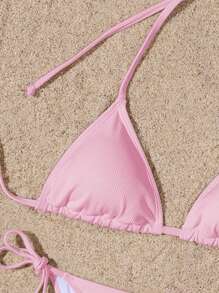 Swim Mod 女士夏季海滩纯色吊带性感比基尼套装 - 淺粉色 - 查看 5