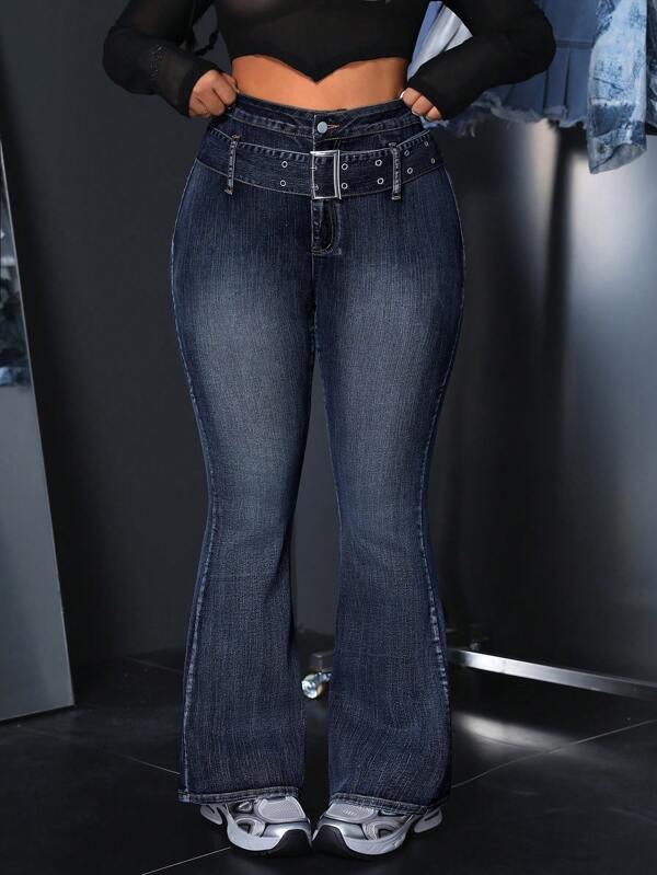 SHEIN ICON Große Größen Bequeme used-Optik Slim Fit Schlagjeans