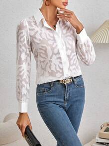 SHEIN Clasi Camisa elegante com mangas de mesh e bolhas, fechamento frontal com botões - Branco - Visão 4