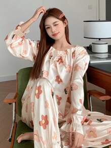 DAZY Satin Floral Print Ruffle Collar Pajama Set - Apricot - View 5
