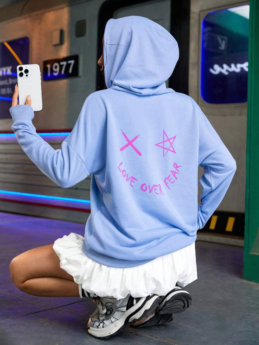 Streetz SHEIN Sport Áo sweatshirt nữ dáng rộng in chữ và sao, thích hợp cho mùa xuân và thu. - Màu xanh lam - Xem 1