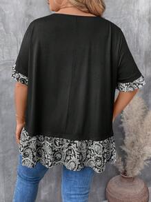 SHEIN CURVE+ Camiseta casual de manga corta con cuello redondo, talla grande para mujer con estampado floral de verano y remiendos