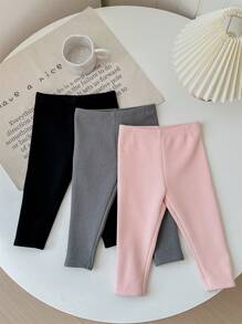 SHEIN LMoss Kids 3 件套女婴可爱百搭针织松紧腰保暖内衬裤套装，秋冬 - 彩色 - 查看 8