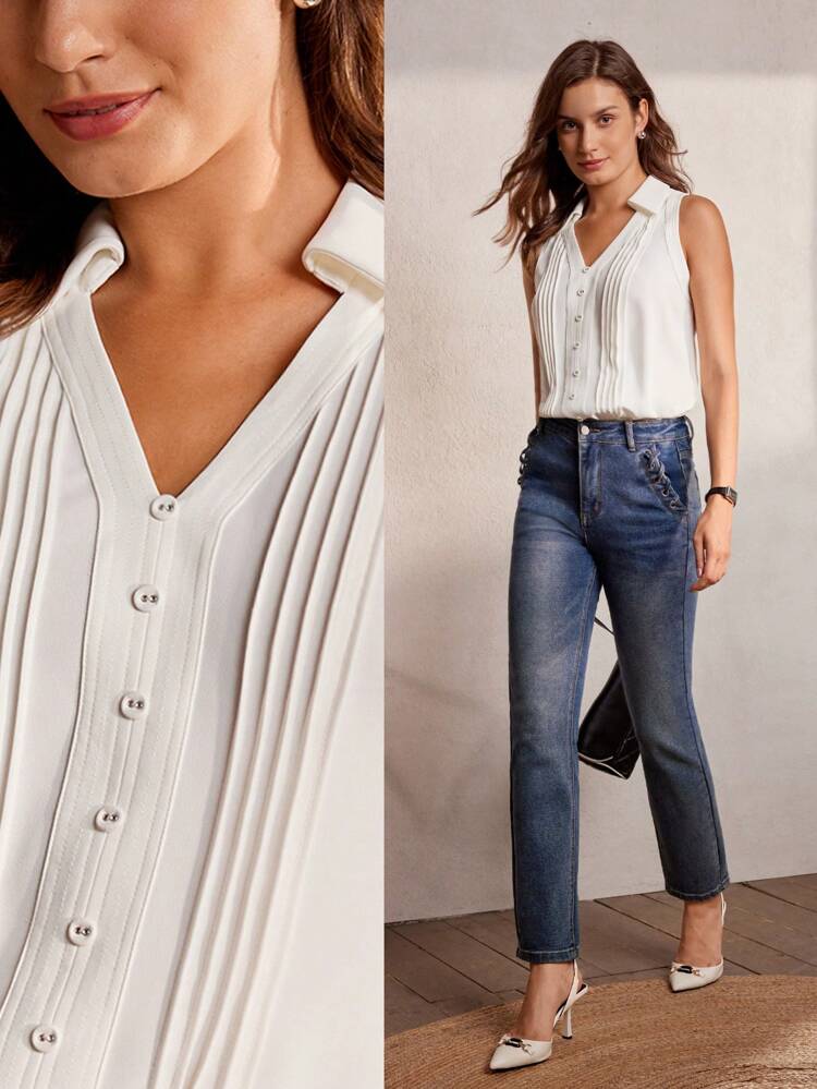 MOTF Classy CLASSY BUTTON FRONT SLEEVELESS BLOUSE