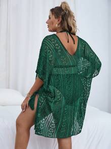 SHEIN Swim Curve Vestido de cubrir de talla grande con tejido de punto calado y unicolor - Verde Oscuro - Ver 2