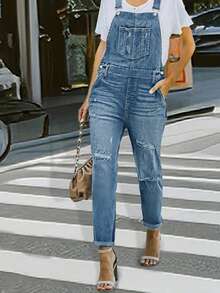 女士休闲牛仔工装裤 - 藍色 - 查看 4