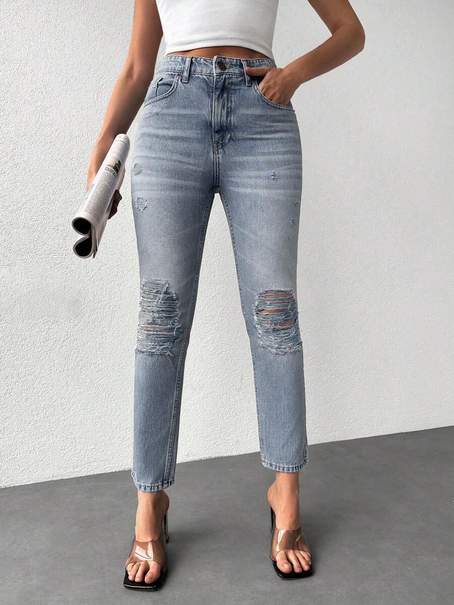 EURMUSE High Waist Ripped Mom Fit Jeans - Rửa trung bình - Xem 1