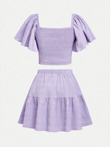 SHEIN Girlism 2 件装少女荷叶边袖上衣和 A 字下摆短裙休闲度假套装