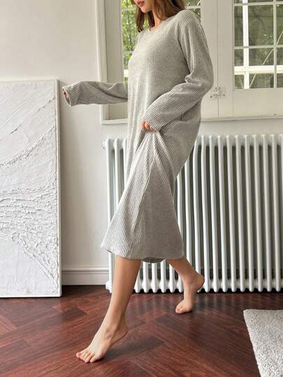 DAZY Knit Ribbed Casual Brushed Loungewear Dress, Fall Pajama, Cozy Outfit