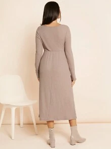 SHEIN Váy bầu dài vừa phải cài nút kaki, váy bầu dài - Lạc đà - Xem 6