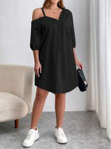 SHEIN Essnce Plus Size Women's Summer Solid Color Asymmetric Collar Single Breasted Casual Loose Dress - Black - View 4