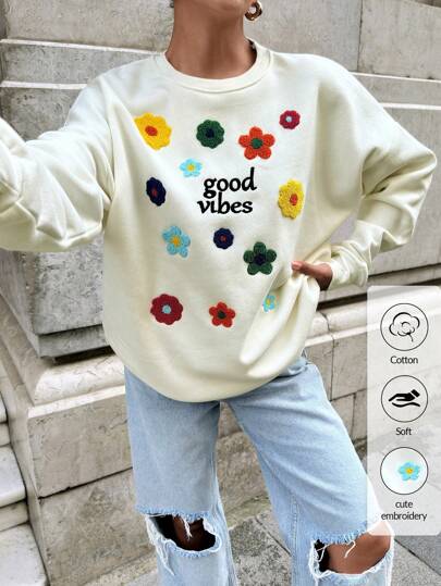 EURMUSE Letter & Floral Embroidery Sweatshirt For Autumn & Winter