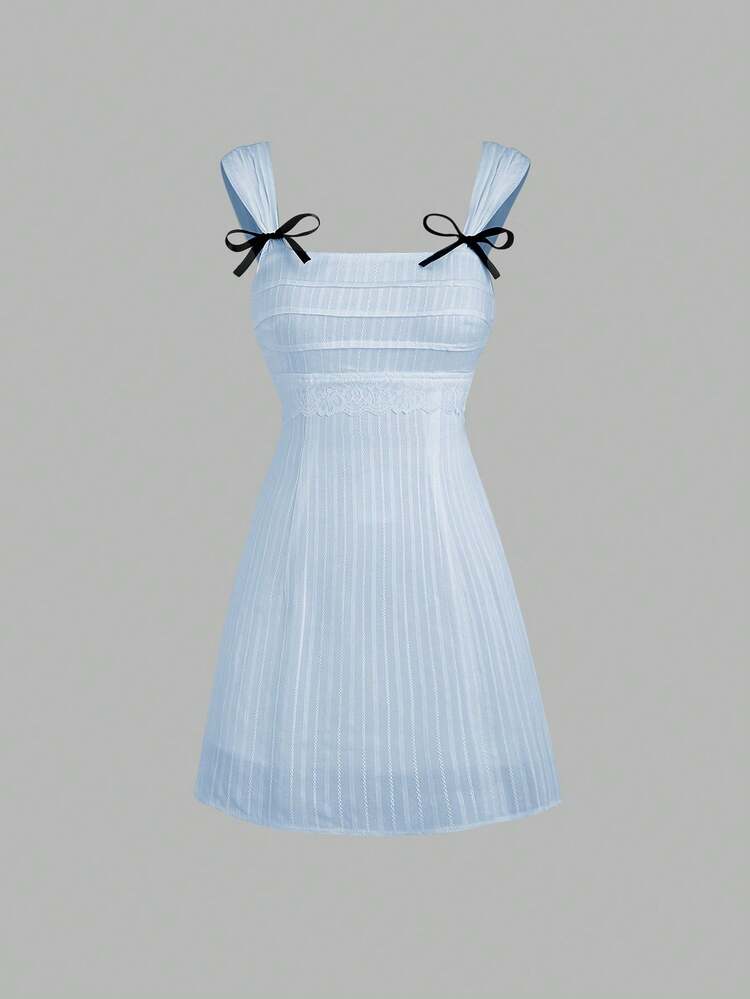 Solid Color Bowknot Decorated Textured Fabric Summer Sleeveless Dress With Wide Straps